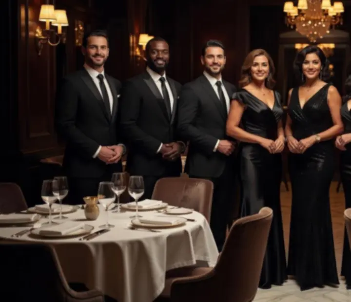 Elegáns esti szerviz csapat sötét, hangulatos bistro térben.